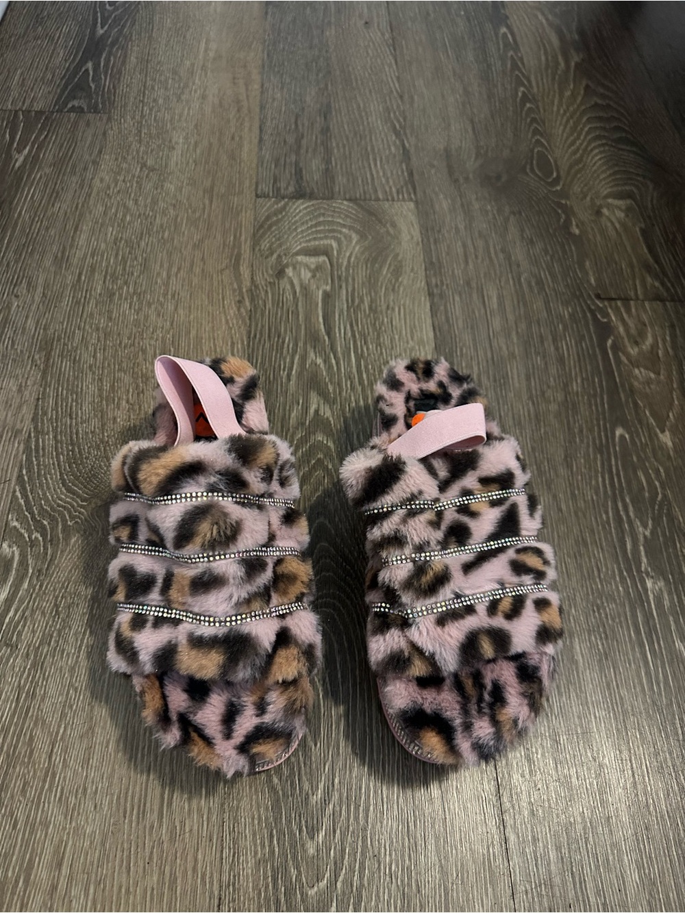 Pink Leopard Faux-Fur Ruffled Slide Sandals with Rhinestone Straps